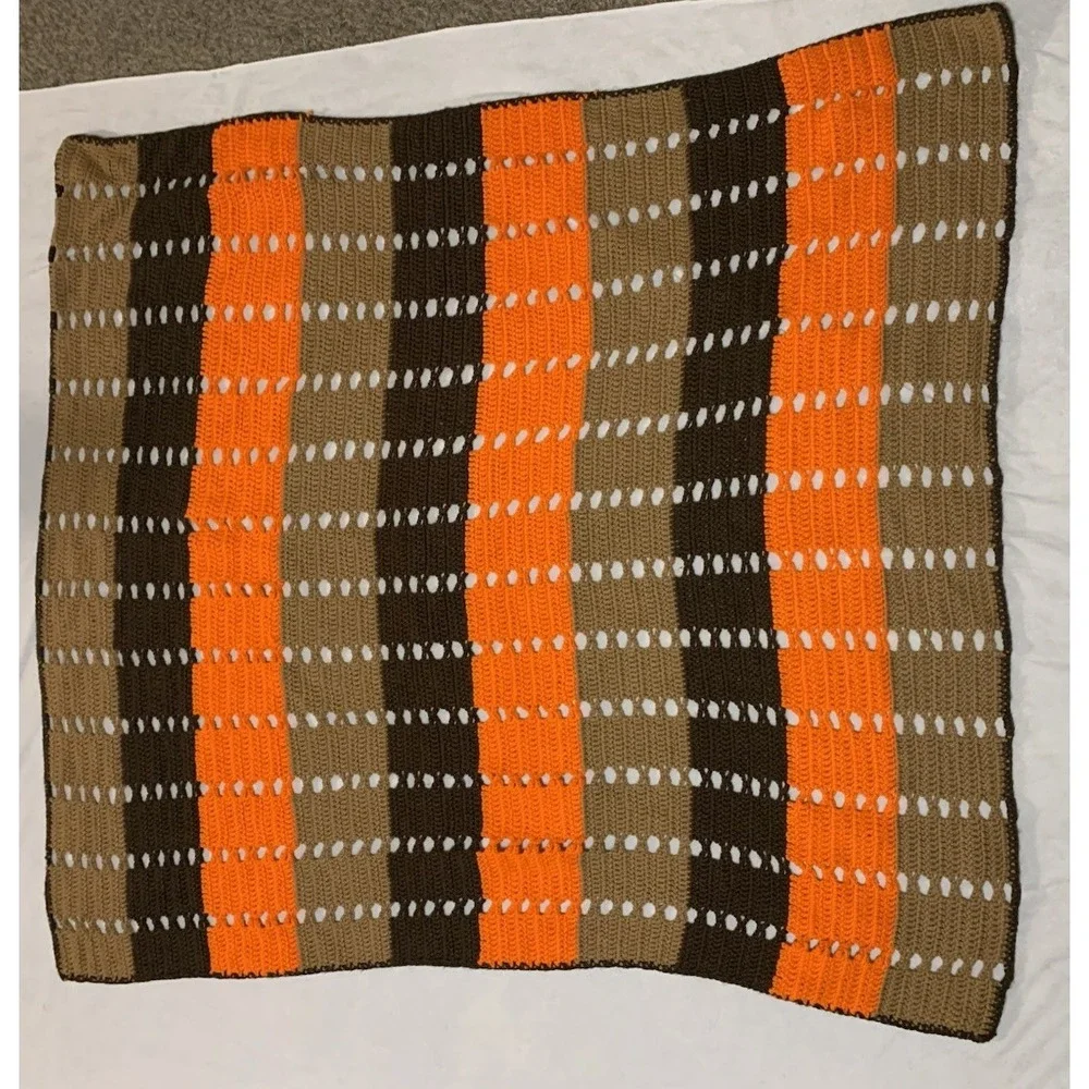 Vintage Hand Crochet Or Knit Afghan Throw 48 x 54 Orange Brown